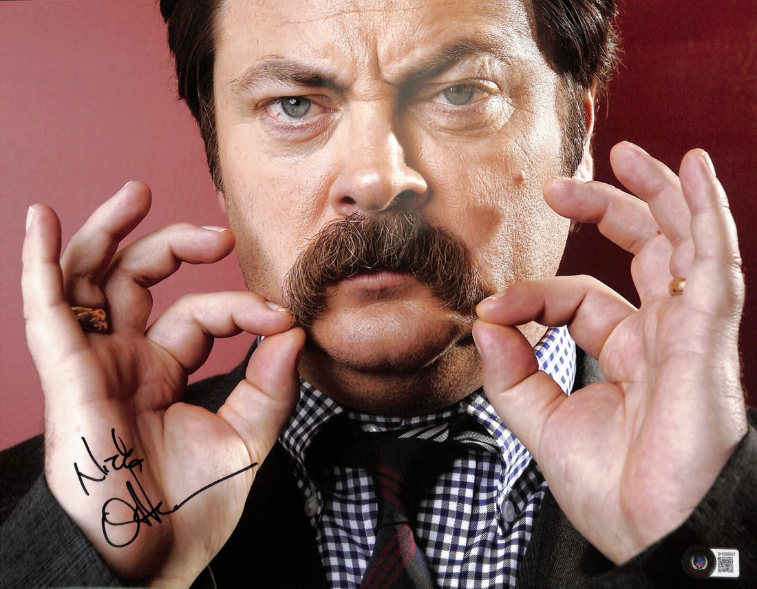 Nick Offerman autographed 11x14 Parks and Recreation photo Beckett authenticated: Nick Offerman autographed 11x14 Parks and Recreation photo Beckett authenticated This 11x14 photograph is signed by Nick Offerman, who portrayed Ron Swanson in the TV sitcom Parks and Recreation. The