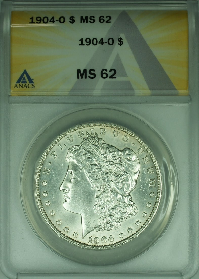 ANACS MS62 1904-O New Orleans Morgan Dollar Silver $1 Coin: ANACS MS62 1904-O New Orleans Morgan Dollar Silver $1 Coin This is a 1904-O Morgan Silver Dollar $1 coin, certified by ANACS with a grade of MS-62. Minted in New Orleans, the coin is composed of silve