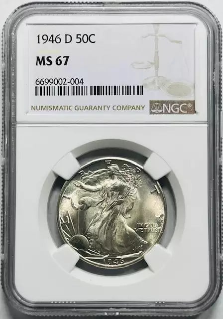 1946 D NGC Certified Walking Liberty Half Dollar MS 67 Silver Coin: 1946 D NGC Certified Walking Liberty Half Dollar MS 67 Silver Coin This stunning 1946 D Walking Liberty Half Dollar is graded MS-67 by NGC, showcasing exceptional quality and detail. Struck from silve