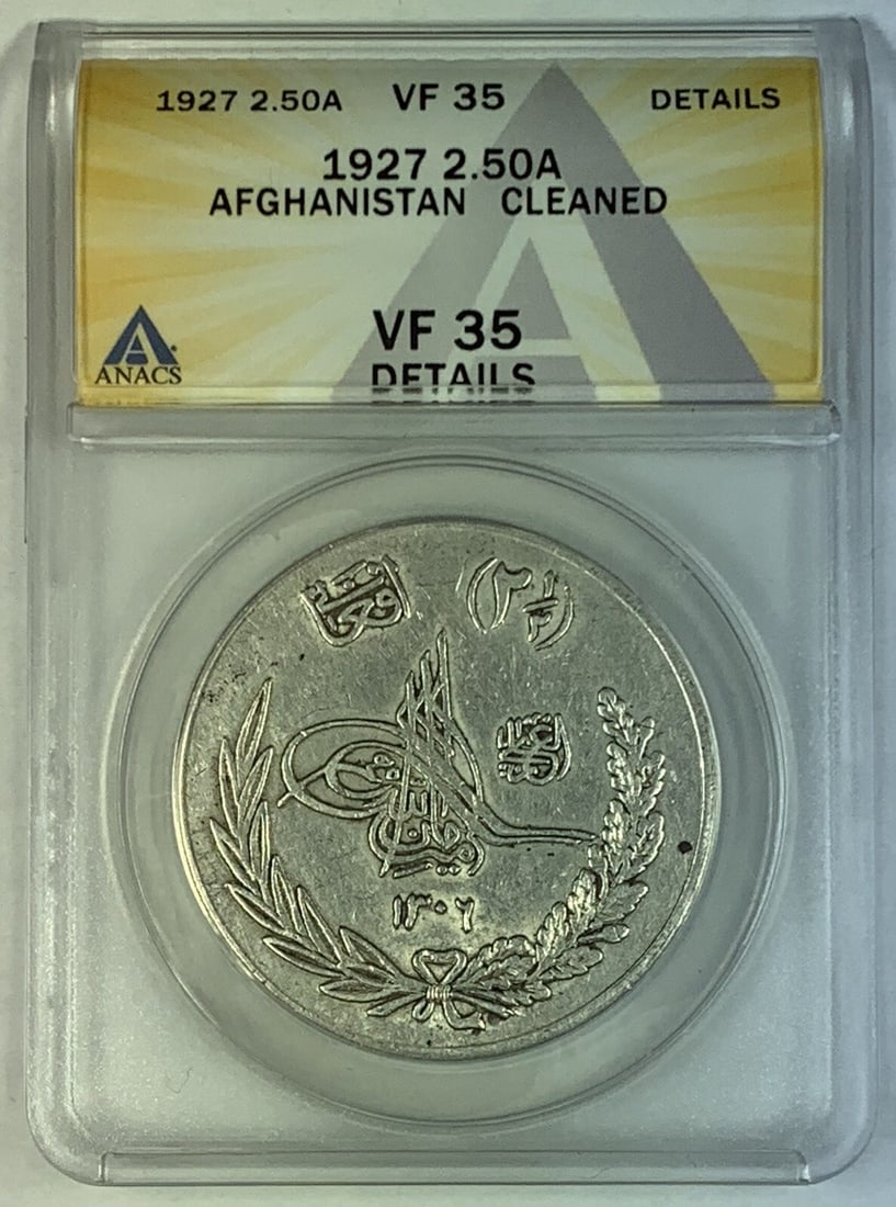 Afghanistan 1927 2.50A Coin Graded VF 35 by ANACS Cleaned: Afghanistan 1927 2.50A Coin Graded VF 35 by ANACS Cleaned 1927 2.50A coin from Afghanistan, certified by ANACS with a grade of VF 35 and noted as having been cleaned. This pre-owned coin reflects its