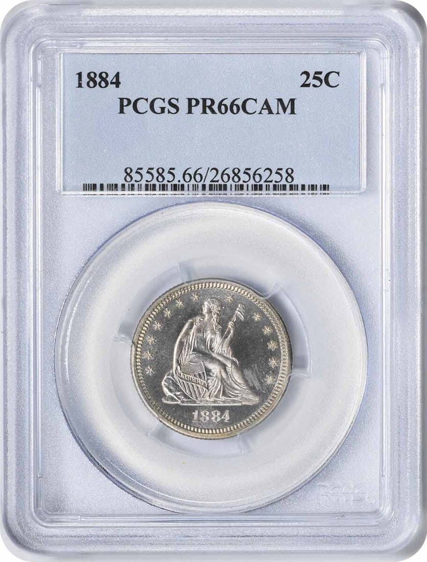 1884 Liberty Seated Silver Quarter PR66CAM PCGS Proof 25C: 1884 Liberty Seated Silver Quarter PR66CAM PCGS Proof 25C This stunning 1884 Liberty Seated Silver Quarter is a prized collectible for numismatists. Graded PR66CAM by PCGS, this uncirculated coin show
