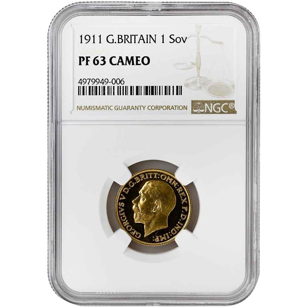 1911 Gold Sovereign Coin NGC PF63CAM George V Rare Uncirculated: 1911 Gold Sovereign Coin NGC PF63CAM George V Rare Uncirculated This stunning 1911 Sovereign coin features the iconic George V and is graded NGC PF63CAM, indicating its uncirculated condition with exc