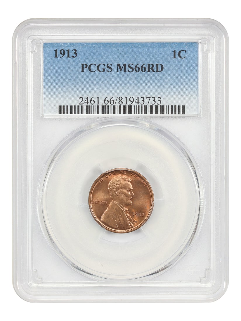 1913 Lincoln Wheat Cent PCGS MS66RD Full Red Uncirculated: 1913 Lincoln Wheat Cent PCGS MS66RD Full Red Uncirculated This 1913 Lincoln Cent (Wheat Reverse) is an uncirculated coin graded MS66RD by PCGS, indicating a superb gem quality with a full red designat