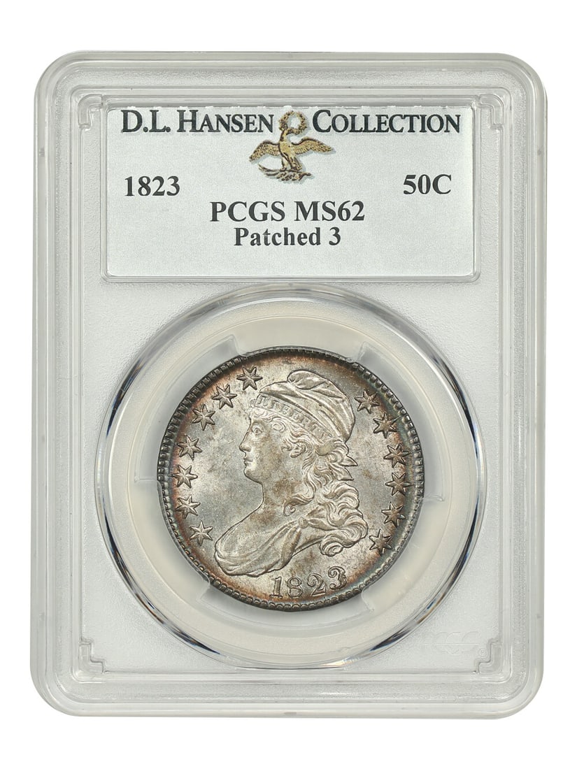 1823 Capped Bust Half Dollar 50C PCGS MS62 Patched 3 D.L. Hansen: 1823 Capped Bust Half Dollar 50C PCGS MS62 Patched 3 D.L. Hansen This 1823 50C Capped Bust Half Dollar showcases extraordinary luster, making it a standout example of its series. Graded MS62 by PCGS,