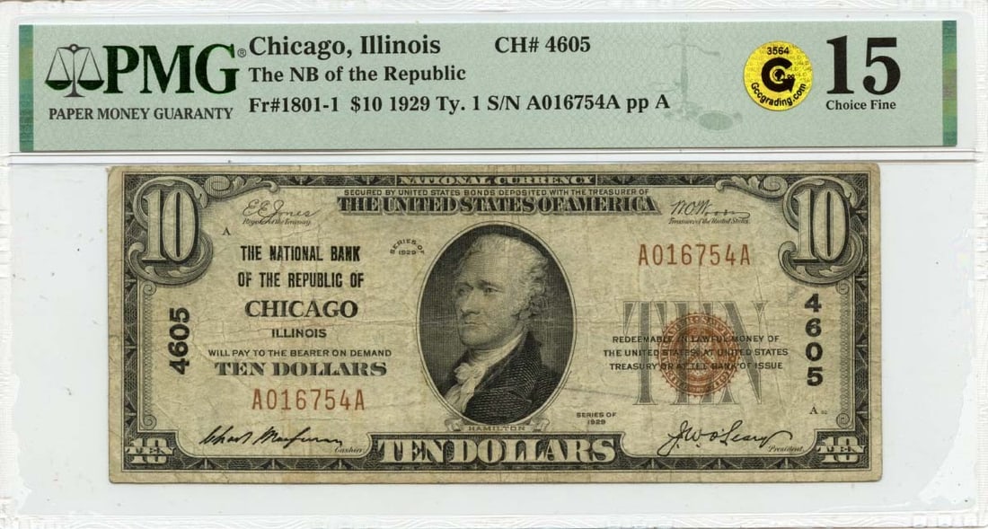 1929 $10 National Bank Note Republic IL PMG F15 CH#4605: 1929 $10 National Bank Note Republic IL PMG F15 CH#4605 This is a 1929 $10 National Bank Note from the Republic Bank of Illinois, designated with charter number 4605. It has been graded F15 by PMG, in