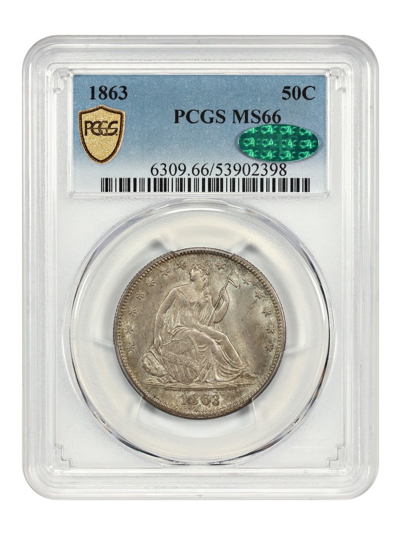 PCGS CAC MS66 1863 Liberty Seated Half Dollar 50C Philadelphia: PCGS CAC MS66 1863 Liberty Seated Half Dollar 50C Philadelphia This 1863 Liberty Seated Half Dollar is a certified uncirculated coin graded MS66 by PCGS and CAC. Struck in Philadelphia, it features a