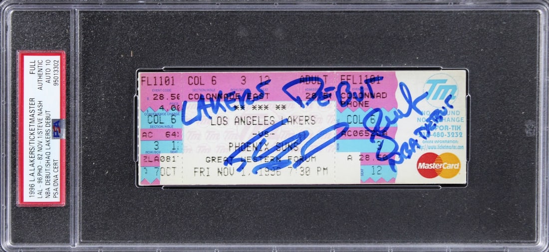 Shaquille O'Neal Steve Nash Signed Ticket Stub PSA Gem Mint 10: Shaquille O'Neal Steve Nash Signed Ticket Stub PSA Gem Mint 10 This collectible features a full ticket stub from the historic game on November 1, 1996, between the Los Angeles Lakers and the Phoenix S