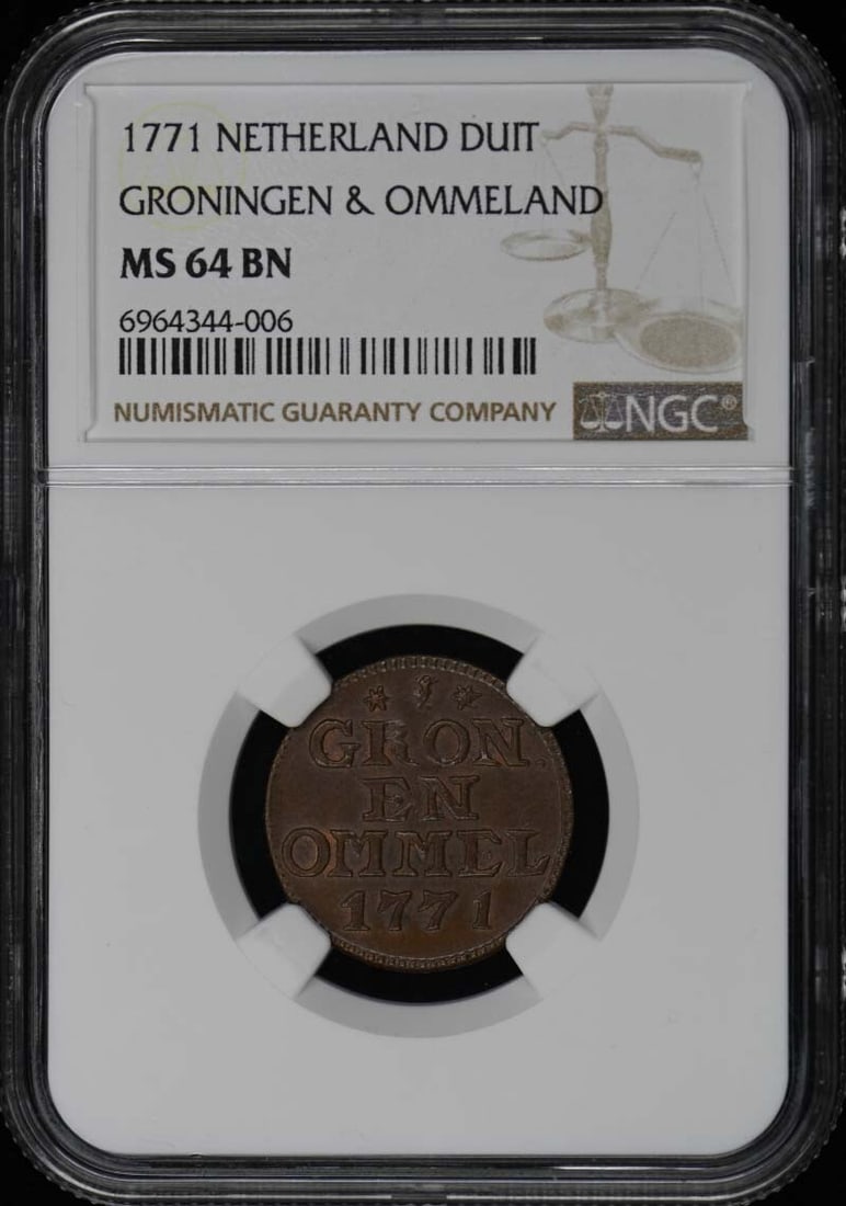 1771 Netherlands Groningen Ommeland Duit NGC MS64BN Certified Coin: 1771 Netherlands Groningen Ommeland Duit NGC MS64BN Certified Coin This 1771 Netherland Groningen Ommeland Duit is a remarkable piece, classified as Uncirculated with a grade of MS64 from NGC. It show