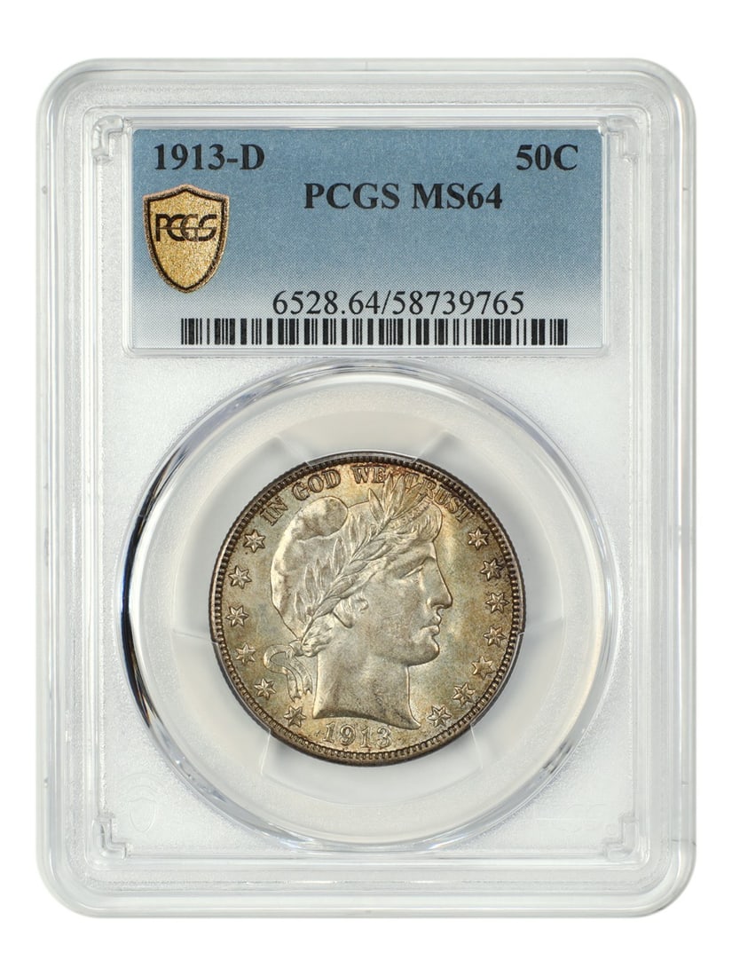 PCGS MS64 Barber Half Dollar 1913-D Uncirculated 50C Coin: PCGS MS64 Barber Half Dollar 1913-D Uncirculated 50C Coin This 1913-D Barber Half Dollar is graded MS64 by PCGS and features sleek toning on both sides. Struck at the Denver Mint, this uncirculated co