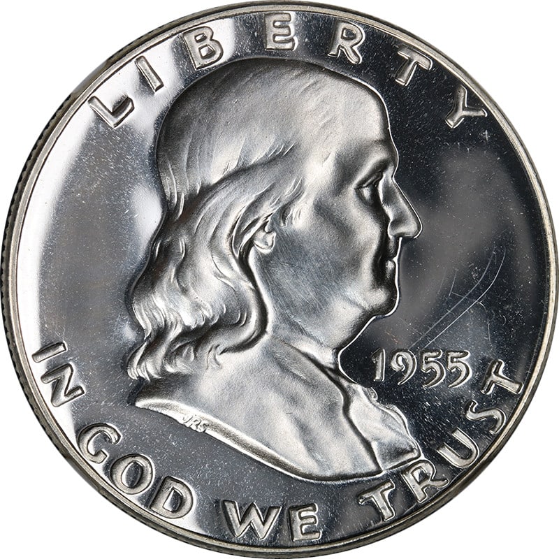 1955 Franklin Half Dollar NGC PF68 CAMEO Silver Coin: 1955 Franklin Half Dollar NGC PF68 CAMEO Silver Coin This 1955 Franklin Half Dollar Proof is certified by NGC with a grade of PF68 CAMEO, showcasing superb eye appeal and a strong strike. The coin fea