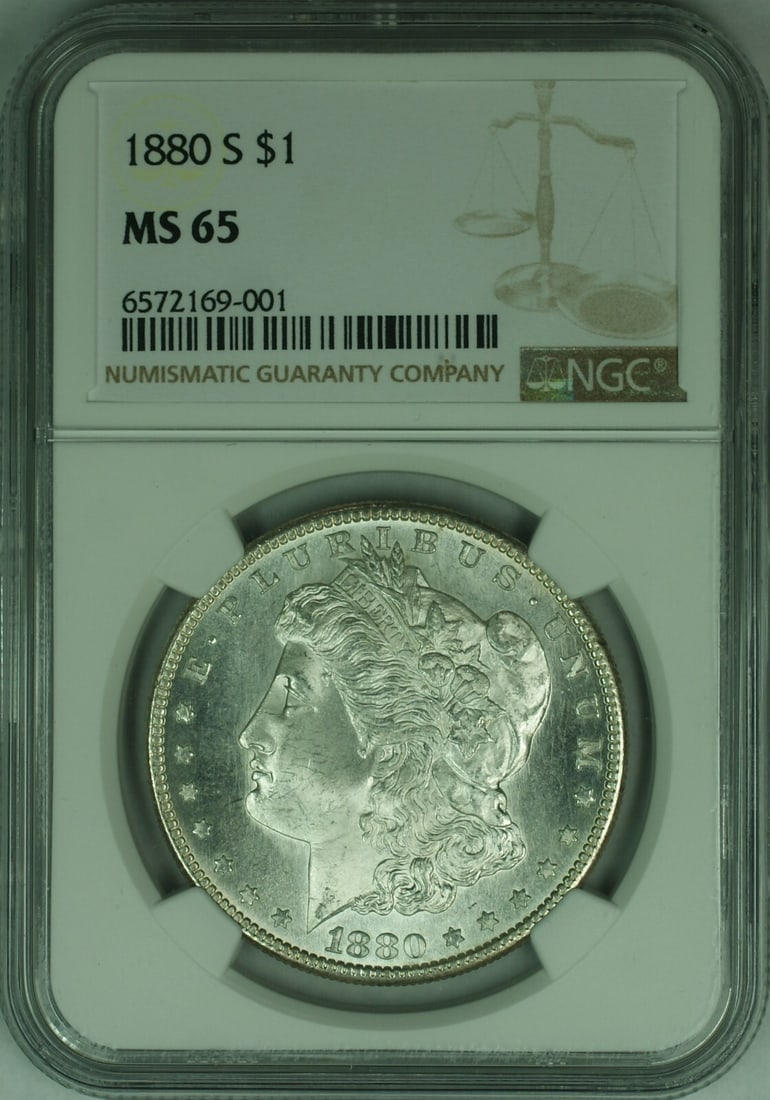 NGC MS-65 1880 San Francisco Morgan Silver Dollar $1 Coin: NGC MS-65 1880 San Francisco Morgan Silver Dollar $1 Coin This 1880-S Morgan Silver Dollar is an uncirculated coin certified by NGC with a grade of MS-65. Minted in San Francisco, it features a $1 den