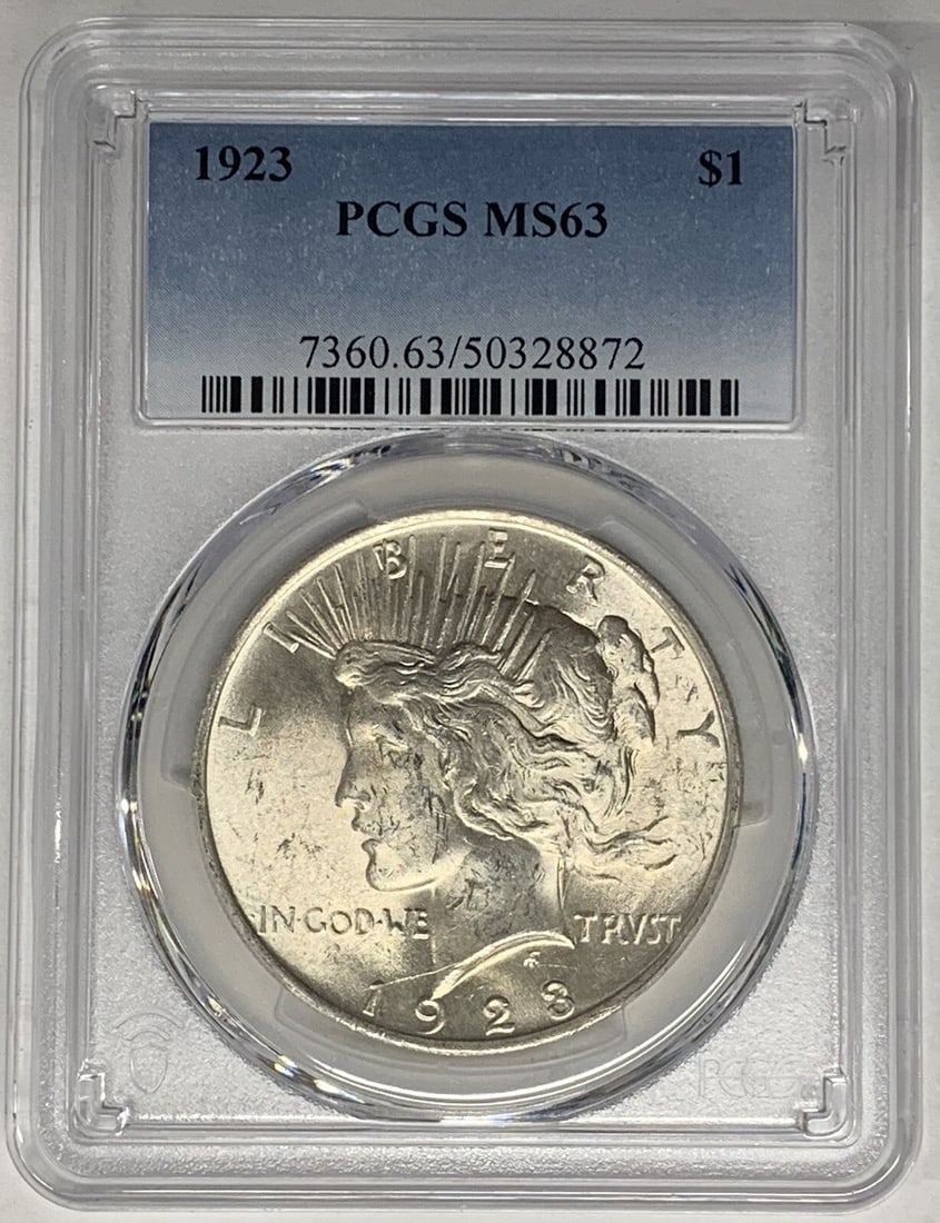 Set of 10 1923 Silver Peace Dollars PCGS Certified MS 63: Set of 10 1923 Silver Peace Dollars PCGS Certified MS 63 This 1923 Peace Silver Dollar is a United States $1 coin composed of silver. Certified by PCGS with a grade of MS 63, this uncirculated coin is