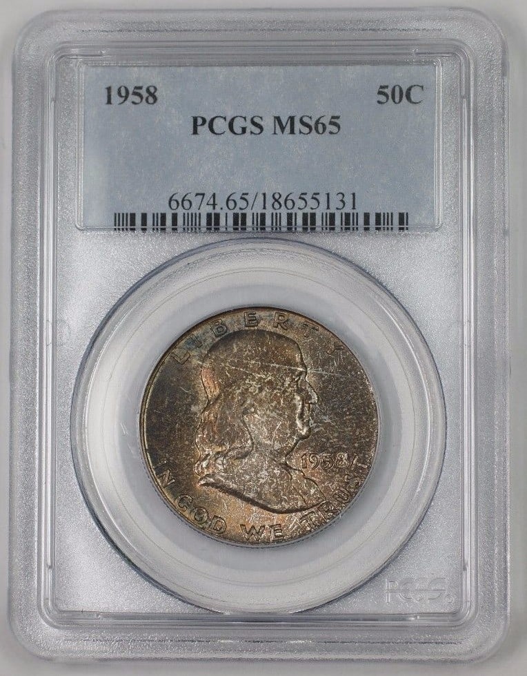 PCGS MS 65 1958 Franklin Silver Half Dollar Philadelphia Gem Tone: PCGS MS 65 1958 Franklin Silver Half Dollar Philadelphia Gem Tone This 1958 Franklin Silver Half Dollar is certified by PCGS with a grade of MS 65, indicating a gem-quality, uncirculated coin. Featuri