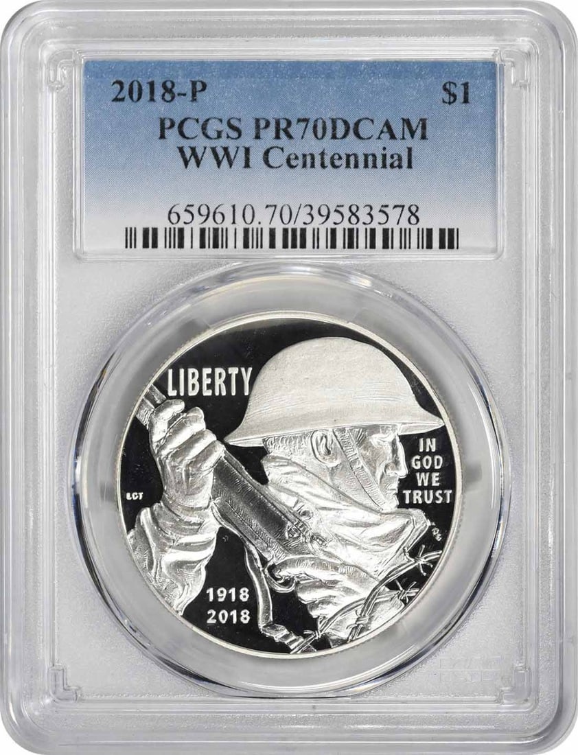 2018-P WWI Centennial Commemorative Silver Dollar PR70DCAM PCGS: 2018-P WWI Centennial Commemorative Silver Dollar PR70DCAM PCGS This stunning 2018-P World War I Centennial Commemorative Silver Dollar features a pristine proof finish and is graded PR70 by PCGS, ens