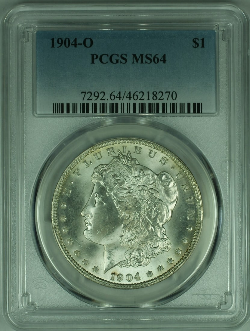 PCGS MS64 1904-O New Orleans Morgan Dollar 90 Percent Silver Uncirculated: PCGS MS64 1904-O New Orleans Morgan Dollar 90 Percent Silver Uncirculated This is a 1904-O Morgan Silver Dollar coin, graded MS-64 by PCGS. Minted in New Orleans, this uncirculated coin is composed of