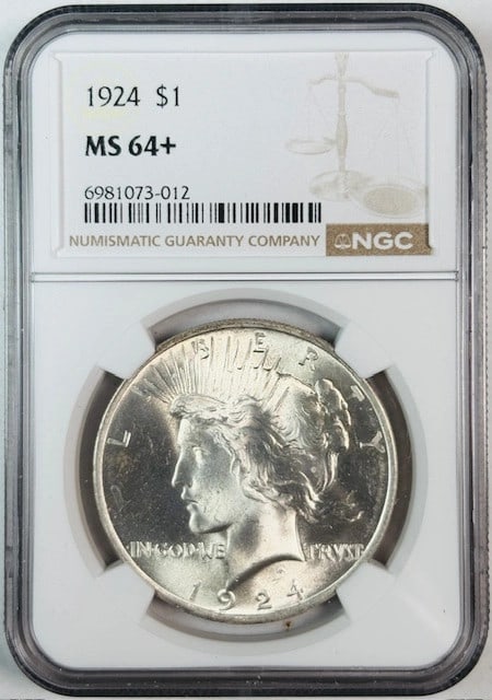 1924 Silver Peace Dollar Graded MS-64 Plus by NGC: 1924 Silver Peace Dollar Graded MS-64 Plus by NGC This 1924 Peace Dollar is certified by NGC with a grade of MS 64+ Plus, indicating a high-quality uncirculated coin. Composed of silver, this pre-owne
