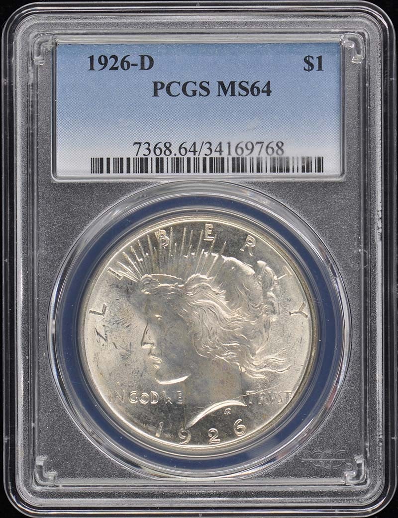 1926-D Peace Dollar PCGS MS64 Uncirculated Denver Mint: 1926-D Peace Dollar PCGS MS64 Uncirculated Denver Mint This 1926-D Peace Dollar is a noteworthy collectible coin, certified by PCGS with a grade of MS64, indicating its uncirculated condition. Minted