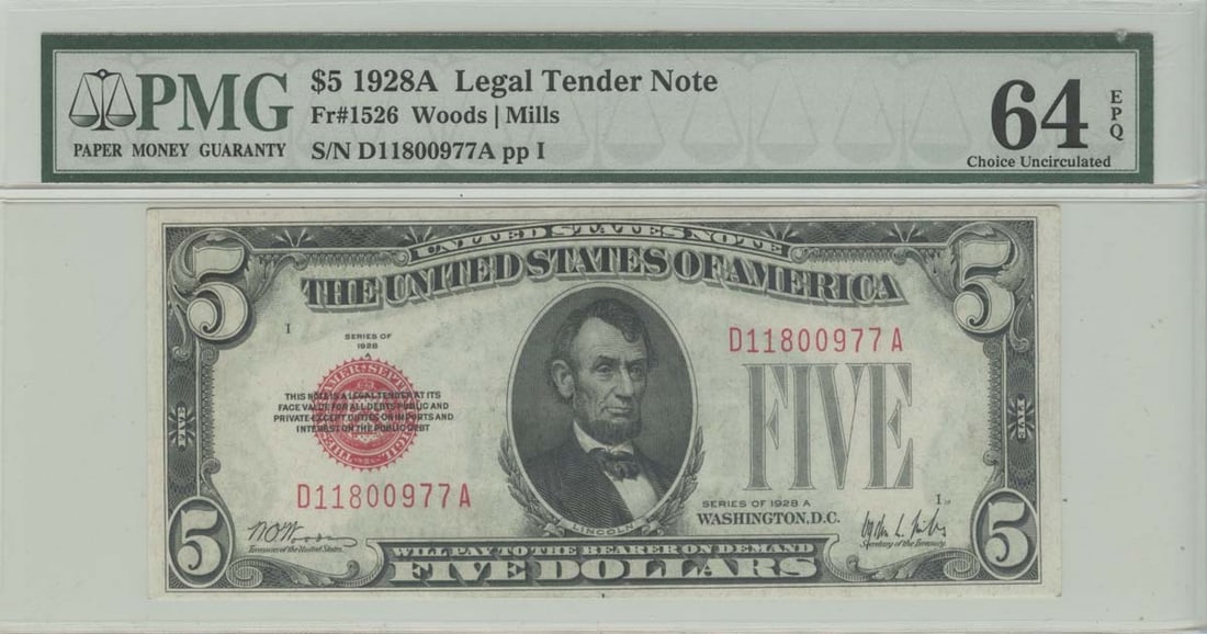 1928A $5 Legal Tender Note PMG 64 Uncirculated FR#1526: 1928A $5 Legal Tender Note PMG 64 Uncirculated FR#1526 This 1928A $5 Legal Tender Note is graded PMG 64 (Choice Uncirculated EPQ), ensuring its exceptional quality and condition. It features a denomin