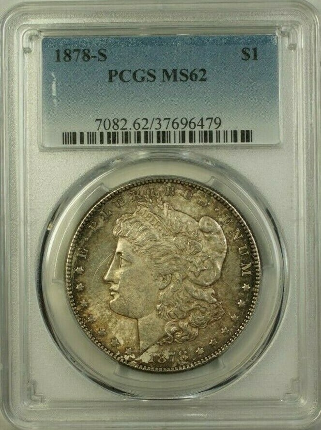 PCGS MS-62 1878-S San Francisco Morgan Dollar Silver Coin Toned: PCGS MS-62 1878-S San Francisco Morgan Dollar Silver Coin Toned This is a 1878-S Morgan Silver Dollar coin, certified by PCGS with a grade of MS-62. Minted in San Francisco, this uncirculated coin dis