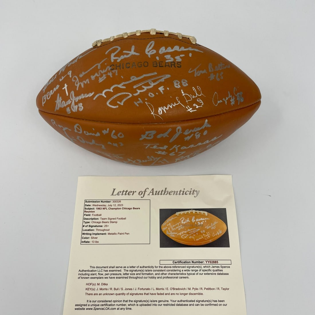 1963 Chicago Bears Team Signed Vintage Football with JSA COA: 1963 Chicago Bears Team Signed Vintage Football with JSA COA Relive the glory of the 1963 NFL Championship with this vintage Chicago Bears team-signed football. This authentic football features the ic