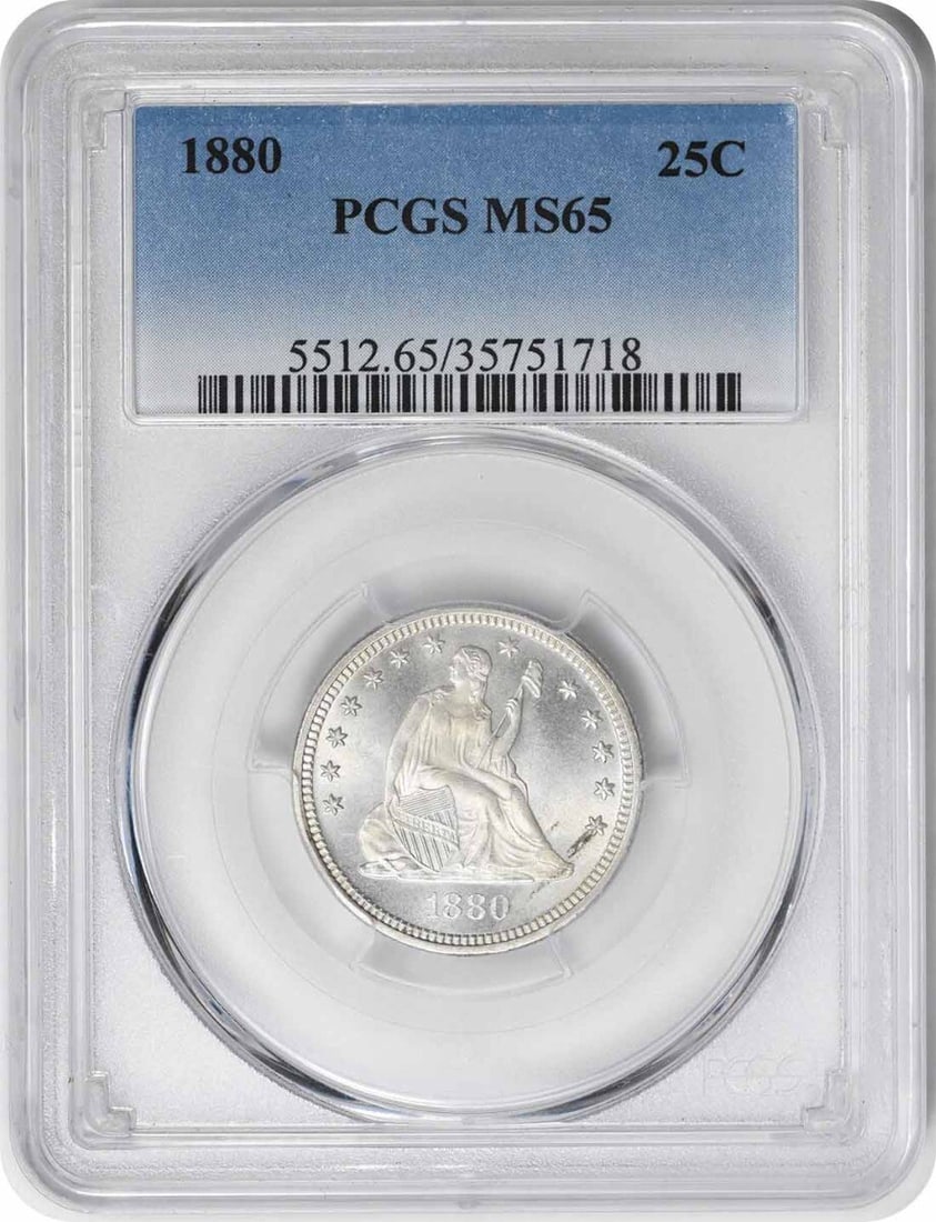 1880 Liberty Seated Silver Quarter MS65 PCGS 90% Silver Uncirculated: 1880 Liberty Seated Silver Quarter MS65 PCGS 90% Silver Uncirculated This 1880 Liberty Seated Silver Quarter is a remarkable piece for any numismatic collection. Graded MS65 by PCGS, this coin is in u