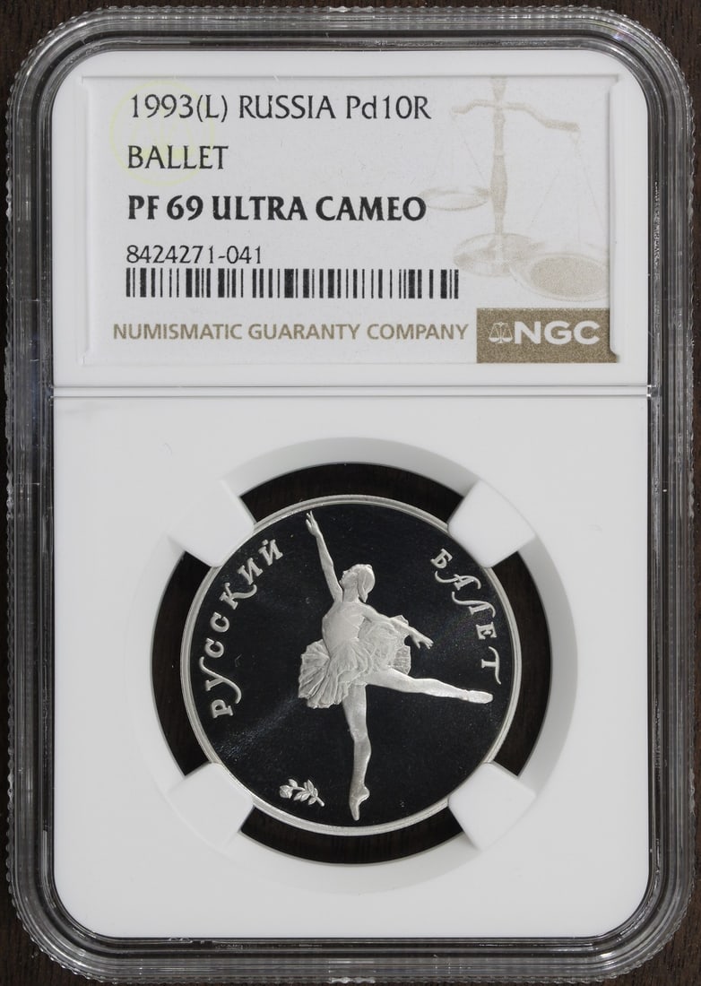 1993 Russia 10 Rouble Palladium 1/2 oz Ballerina Coin NGC PF69: 1993 Russia 10 Rouble Palladium 1/2 oz Ballerina Coin NGC PF69 This 1993 Russian Ballerina coin features a proof finish and is struck from 1/2 oz of 0.999 fine palladium. Certified by NGC with a PF69