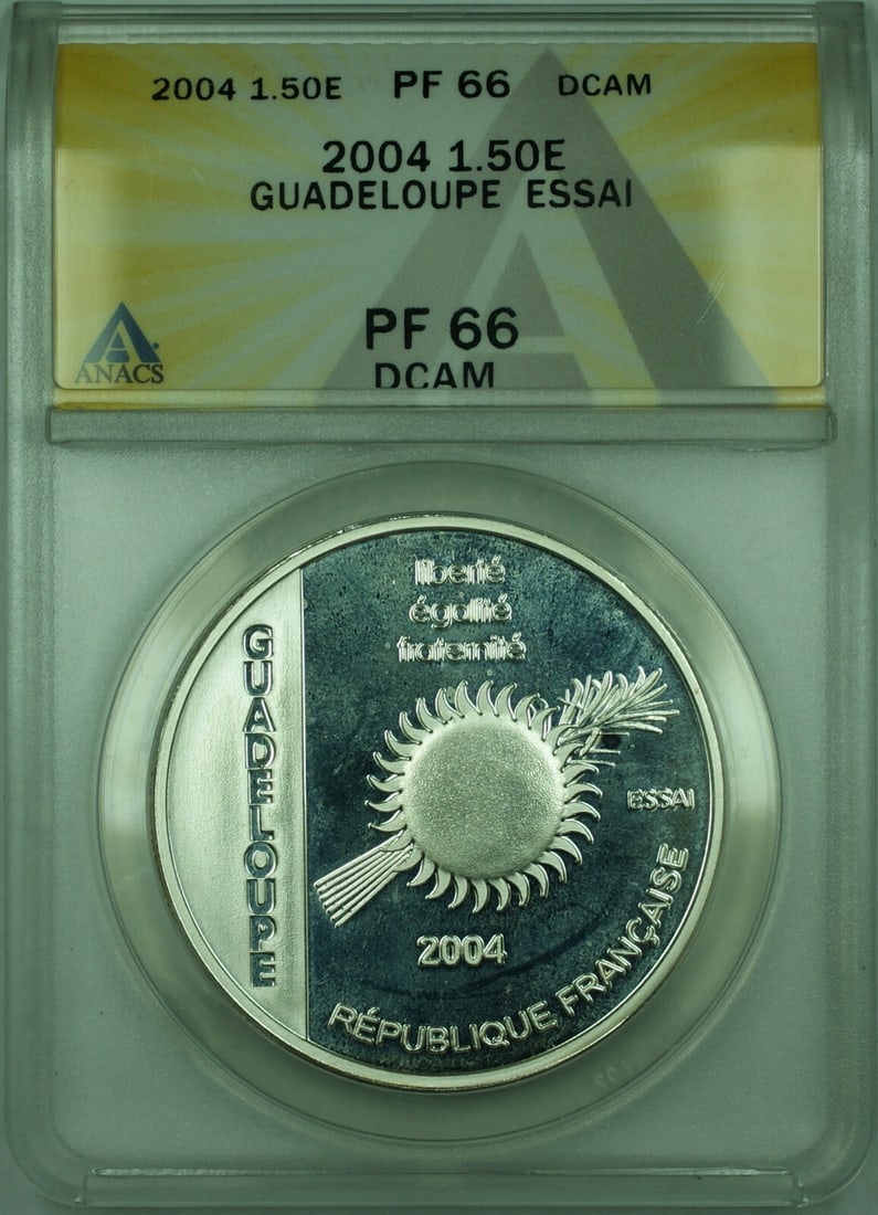 ANACS PR66 2004 France 1.5 Euro Silver Proof Guadeloupe Essai Coin: ANACS PR66 2004 France 1.5 Euro Silver Proof Guadeloupe Essai Coin This 2004 France 1.5 Euro silver proof coin is an official Essai (trial) issue commemorating Guadeloupe. Certified by ANACS with a gr