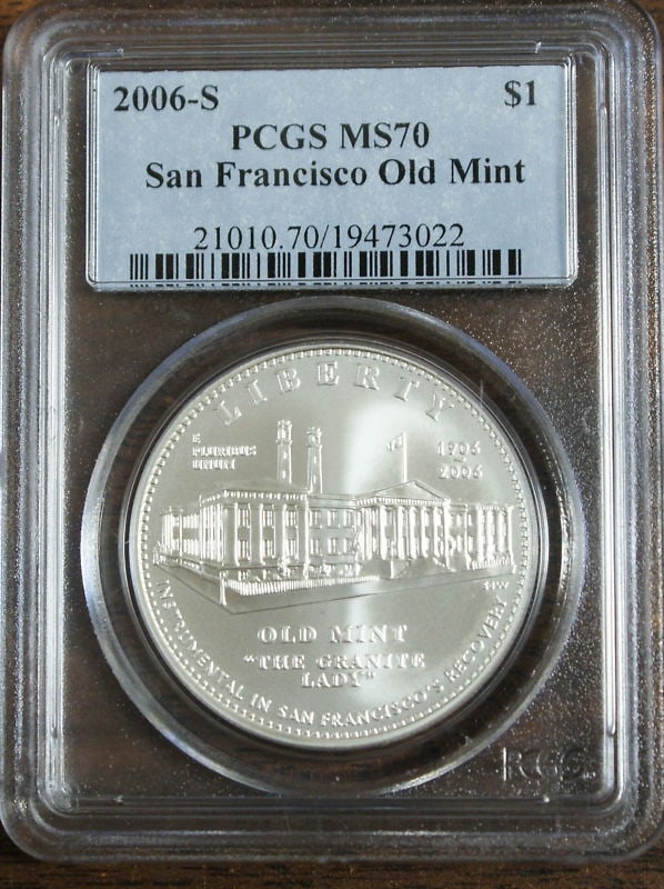 PCGS MS-70 2006 San Francisco Old Mint Commemorative Silver Dollar: PCGS MS-70 2006 San Francisco Old Mint Commemorative Silver Dollar This 2006 S $1 San Francisco Old Mint Silver Dollar is a commemorative coin featuring the reverse design of a Morgan Dollar. Certifie