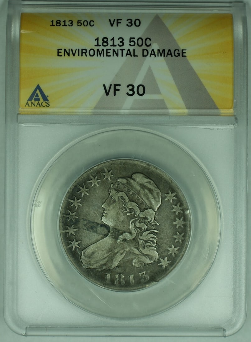 1813 Capped Bust Half Dollar 50C ANACS Graded VF 30: 1813 Capped Bust Half Dollar 50C ANACS Graded VF 30 This 1813 Capped Bust Half Dollar has been graded VF 30 Details by ANACS. The coin is circulated and originates from the United States, with a denom