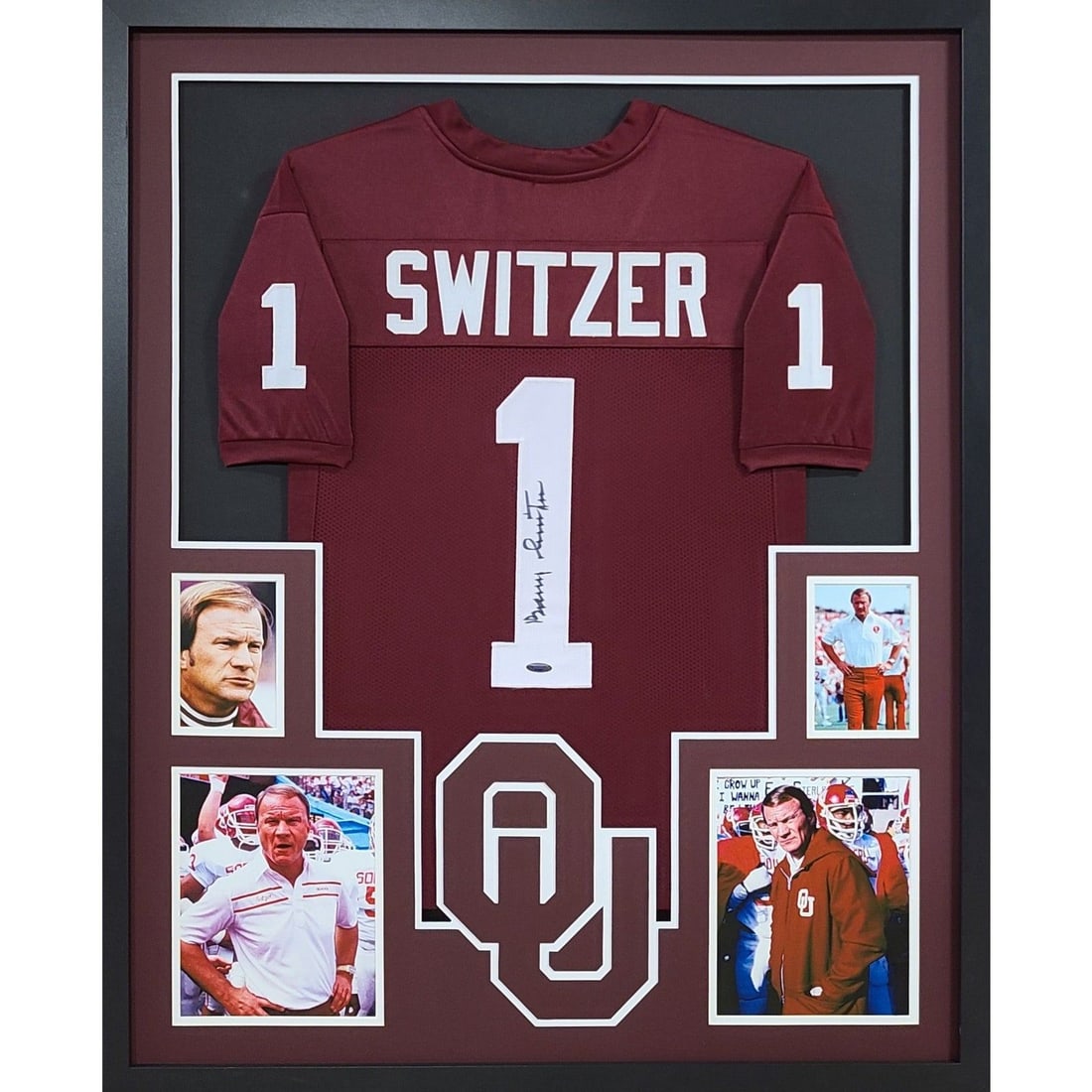 Barry Switzer Autographed Framed Jersey Tristar Authenticated Oklahoma: Barry Switzer Autographed Framed Jersey Tristar Authenticated Oklahoma This autographed Barry Switzer jersey is beautifully framed and authenticated by Tristar, a leader in sports memorabilia. The fra