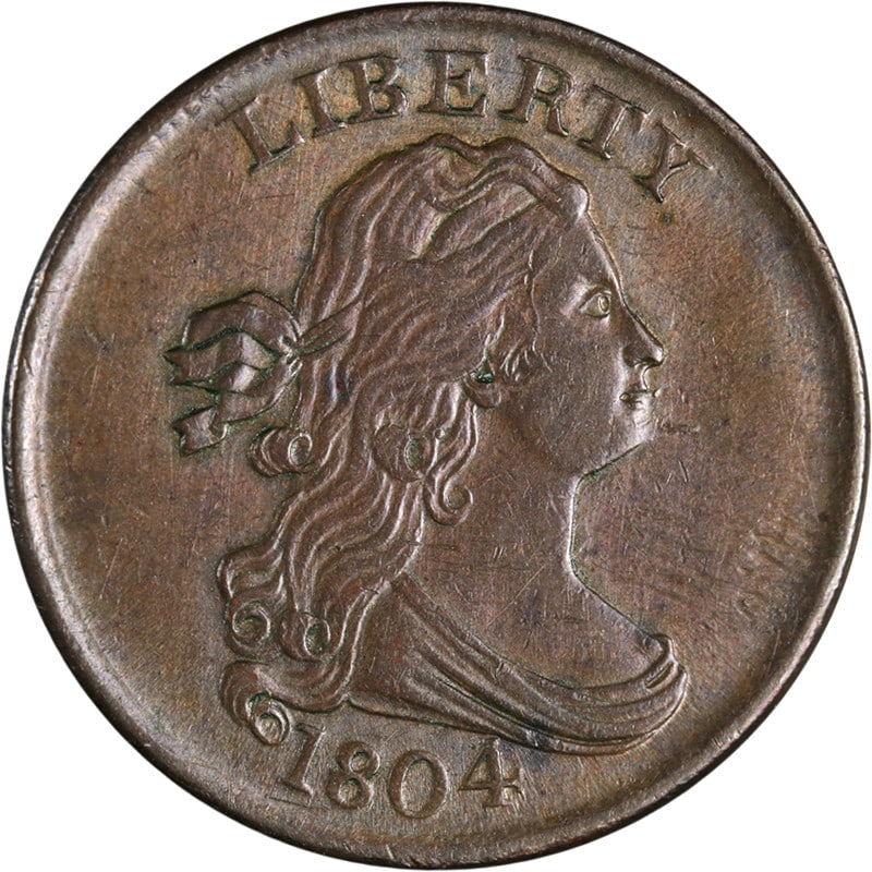 1804 Draped Bust Half Cent C-8 R.1 Spiked Chin Copper Uncirculated: 1804 Draped Bust Half Cent C-8 R.1 Spiked Chin Copper Uncirculated This 1804 Draped Bust Half Cent features the Spiked Chin variety and is graded Near Uncirculated C-8 R.1. Struck in copper, it has at