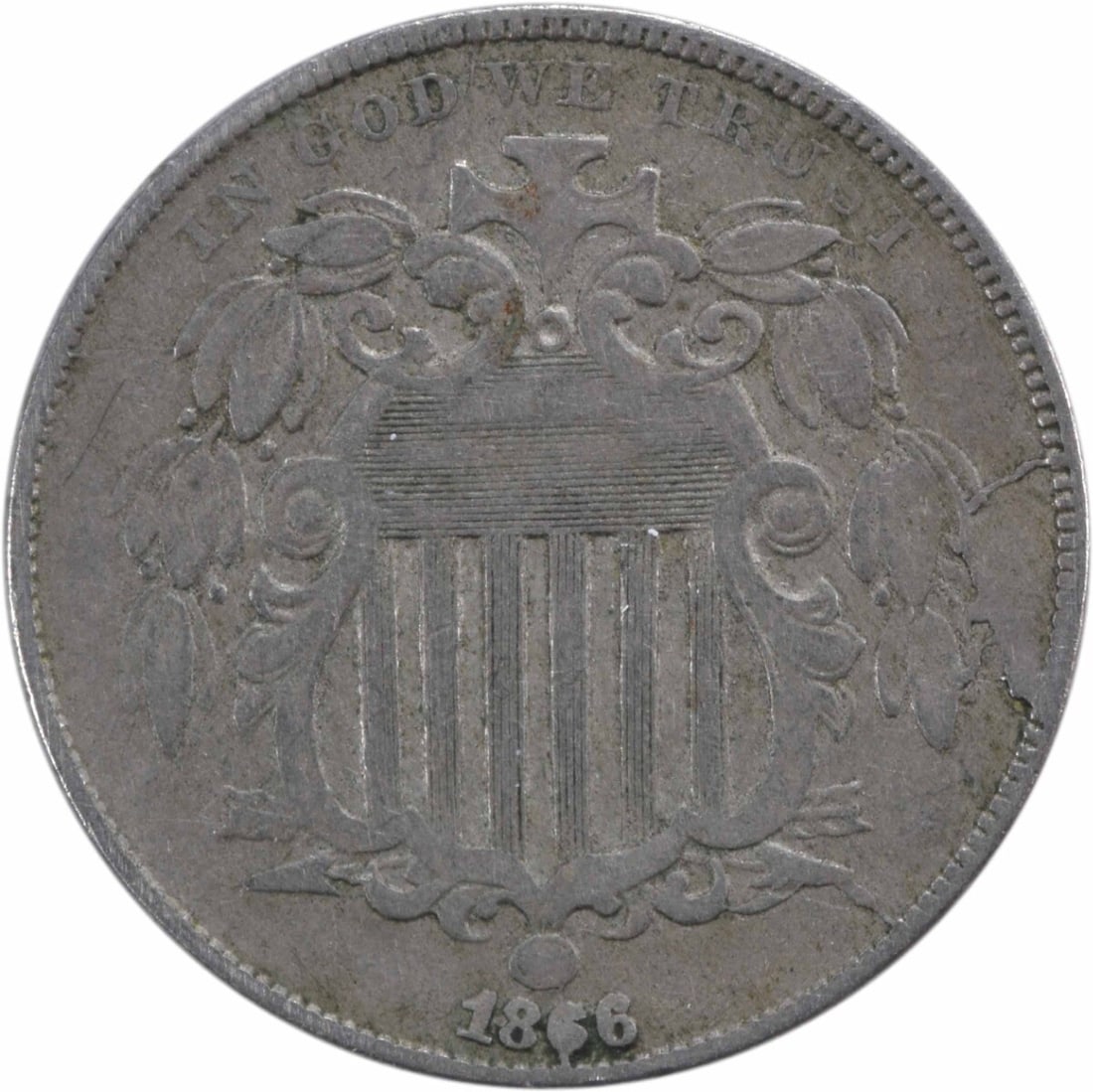 1866 Shield Nickel VF Uncertified 5C by James Barton Longacre: 1866 Shield Nickel VF Uncertified 5C by James Barton Longacre This 1866 Shield Nickel is a classic piece of American coinage featuring a design by James Barton Longacre. The coin, issued by the Philad