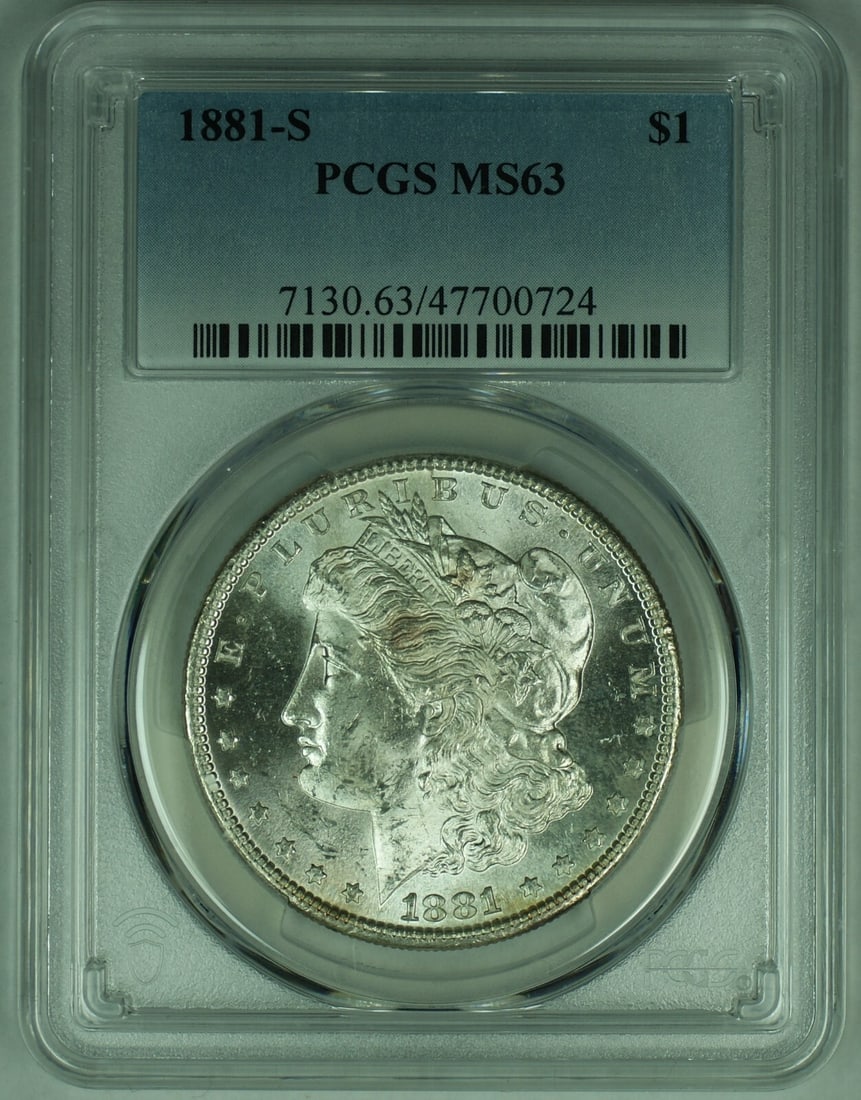 PCGS MS 63 1881-S Silver Morgan Dollar Uncirculated US Coin: PCGS MS 63 1881-S Silver Morgan Dollar Uncirculated US Coin This 1881-S Morgan Silver Dollar is an uncirculated coin graded MS 63 by PCGS. Featuring the classic Morgan design, this collectible coin is