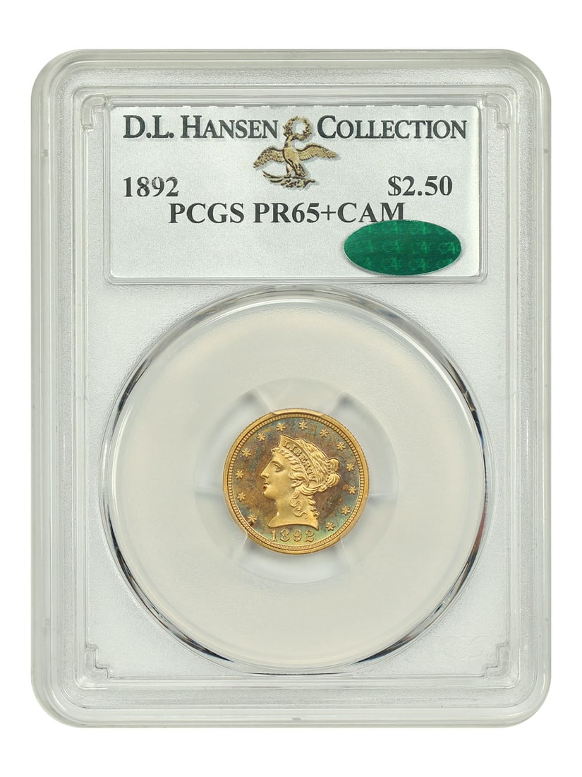 1892 Liberty Head $2.50 Gold Coin PCGS PR65+CAM D.L. Hansen: 1892 Liberty Head $2.50 Gold Coin PCGS PR65+CAM D.L. Hansen This exquisite 1892 Liberty Head $2.50 coin is graded PR65+CAM by PCGS and features a CAC certification. It is one of only 105 coins minted,