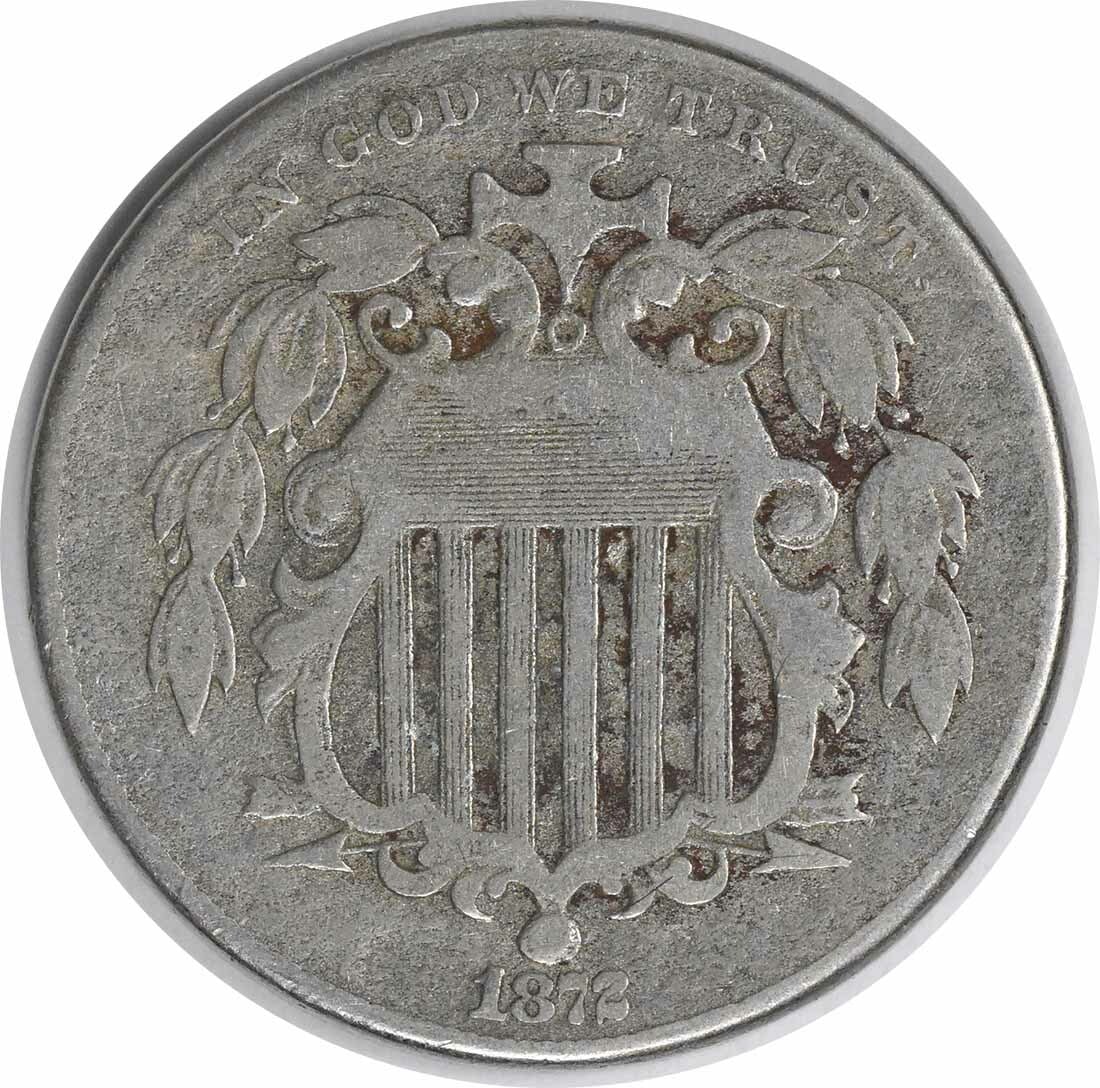 1872 VF Shield Nickel 5C by Longacre Uncertified: 1872 VF Shield Nickel 5C by Longacre Uncertified This 1872 Shield Nickel is an intriguing collectible for coin enthusiasts. It features a design by James Barton Longacre and is composed of 75% copper