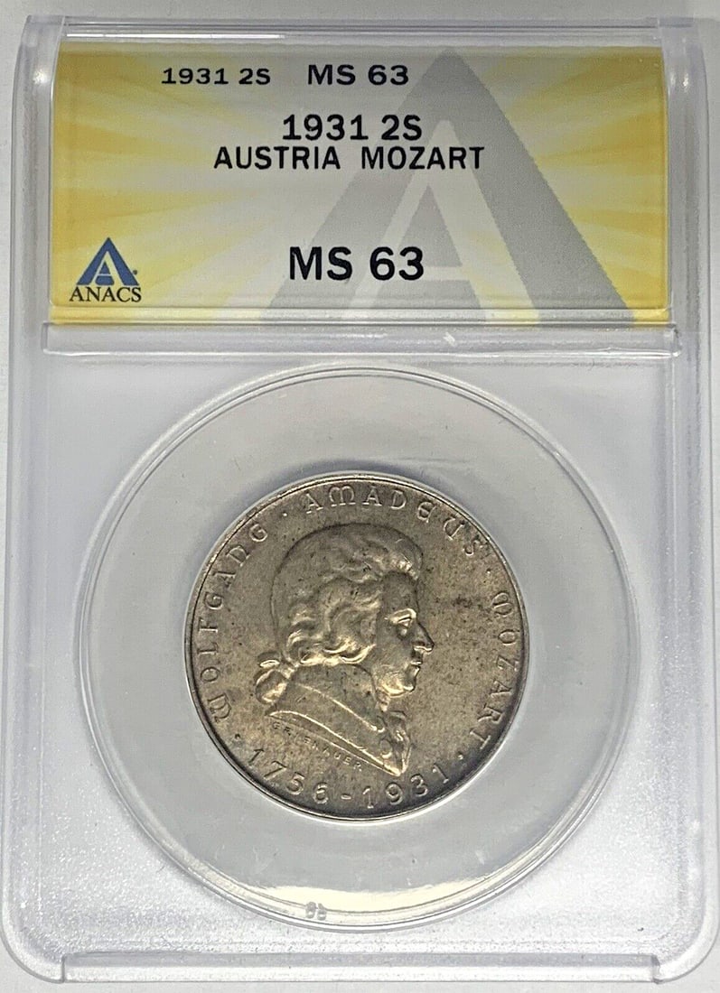 Silver 1931 Austria 2 Shilling Coin Mozart ANACS MS 63 Uncirculated: Silver 1931 Austria 2 Shilling Coin Mozart ANACS MS 63 Uncirculated This 1931 Austria 2 Shilling coin features a portrait of Mozart and is composed of silver. The coin is uncirculated and has been gra
