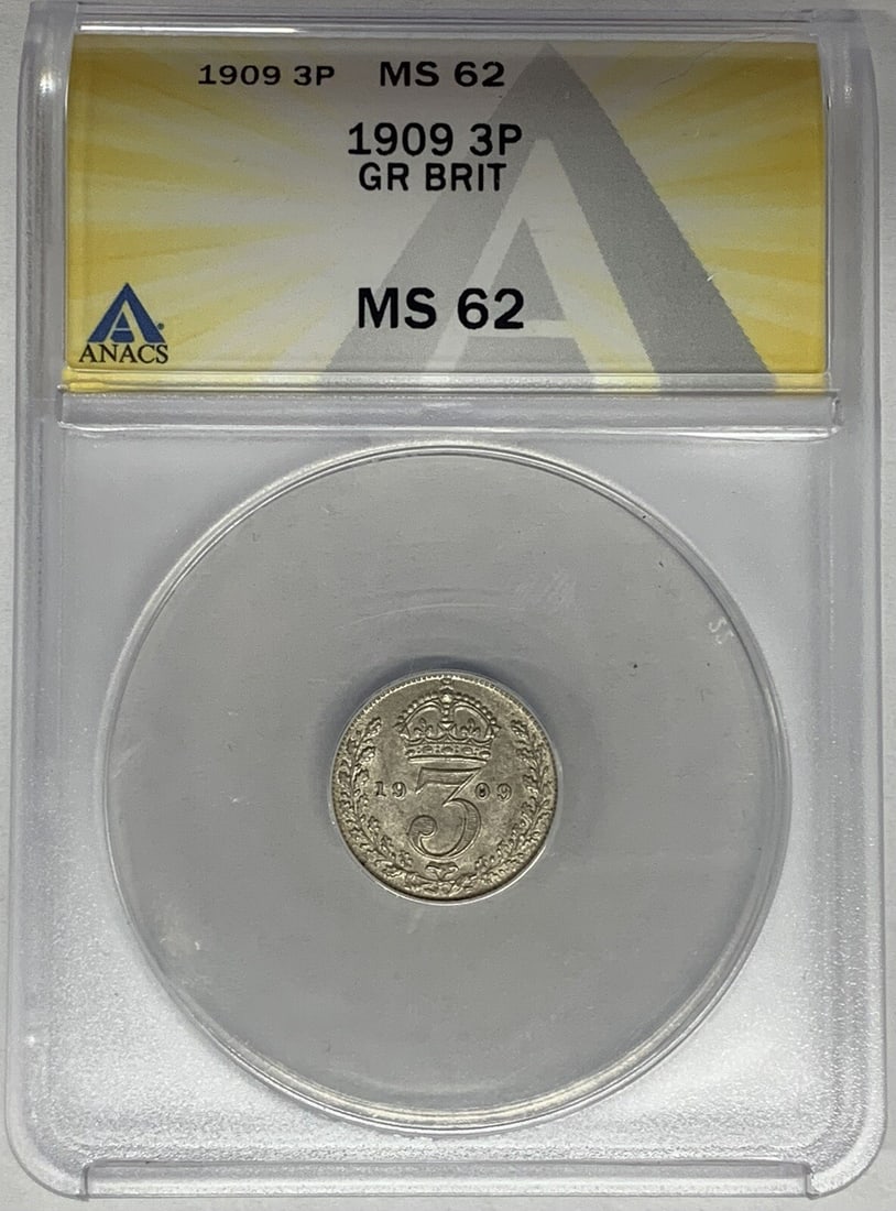 1909 United Kingdom 3 Pence Coin ANACS Certified MS 62: 1909 United Kingdom 3 Pence Coin ANACS Certified MS 62 This 1909 Great Britain 3 Pence coin is graded MS 62 by ANACS. It originates from the United Kingdom and has a denomination of 3 pence. The coin