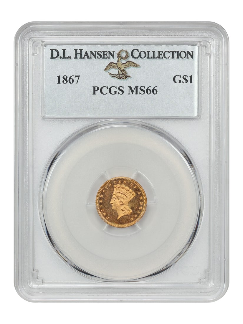 1867 Gold Dollar G$1 PCGS MS66 Limited Mintage Ex D.L. Hansen: 1867 Gold Dollar G$1 PCGS MS66 Limited Mintage Ex D.L. Hansen This 1867 G$1 coin is a remarkable example of a Gold Dollar, certified by PCGS with a grade of MS66. It boasts uncirculated status and com