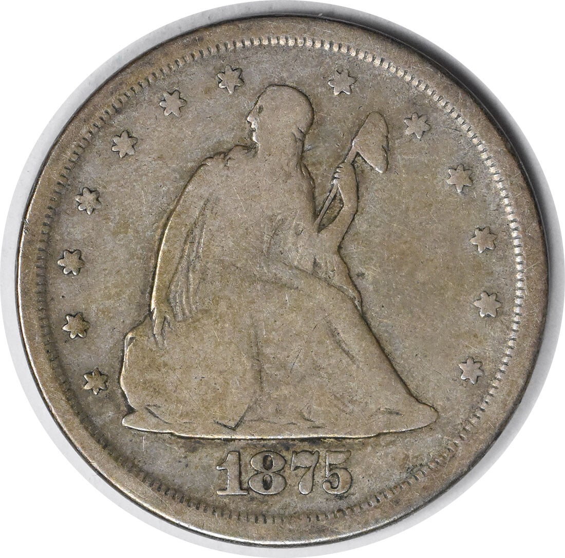 1875 San Francisco 20 Cent Silver Coin Uncertified Good Grade: 1875 San Francisco 20 Cent Silver Coin Uncertified Good Grade This 1875-S Twenty Cent piece is a circulated United States coin minted in San Francisco. Designed by William Barber, it is composed of 90