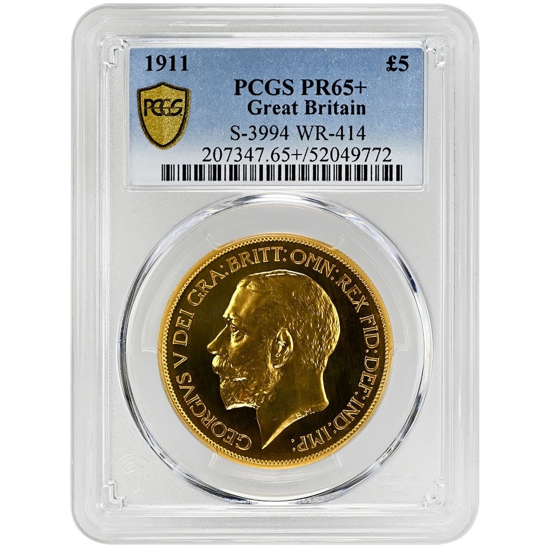 1911 5 Sovereign Gold Coin PCGS PR65+ George V Rare Gem: 1911 5 Sovereign Gold Coin PCGS PR65+ George V Rare Gem This 1911 5 Sovereign coin features the esteemed George V and is graded PR65+ by PCGS, indicating its exceptional quality and near-flawless cond