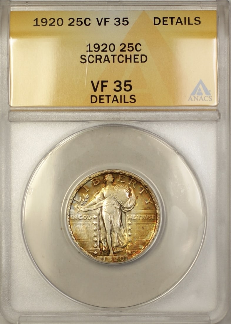 1920 Silver Standing Liberty Quarter ANACS VF-35 Details Philadelphia Mint: 1920 Silver Standing Liberty Quarter ANACS VF-35 Details Philadelphia Mint This is a 1920 Standing Liberty Quarter from the United States, certified by ANACS with a grade of VF-35 Details. The coin is