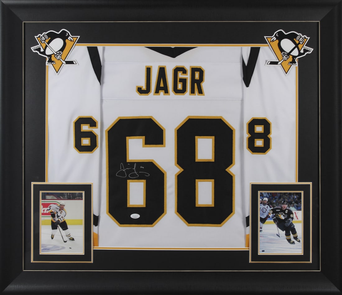 Jaromir Jagr Signed Framed Jersey Pittsburgh Penguins JSA Certificate: Jaromir Jagr Signed Framed Jersey Pittsburgh Penguins JSA Certificate This is an authentic, signed white pro style framed jersey personally signed by hockey legend Jaromir Jagr, featuring his name and