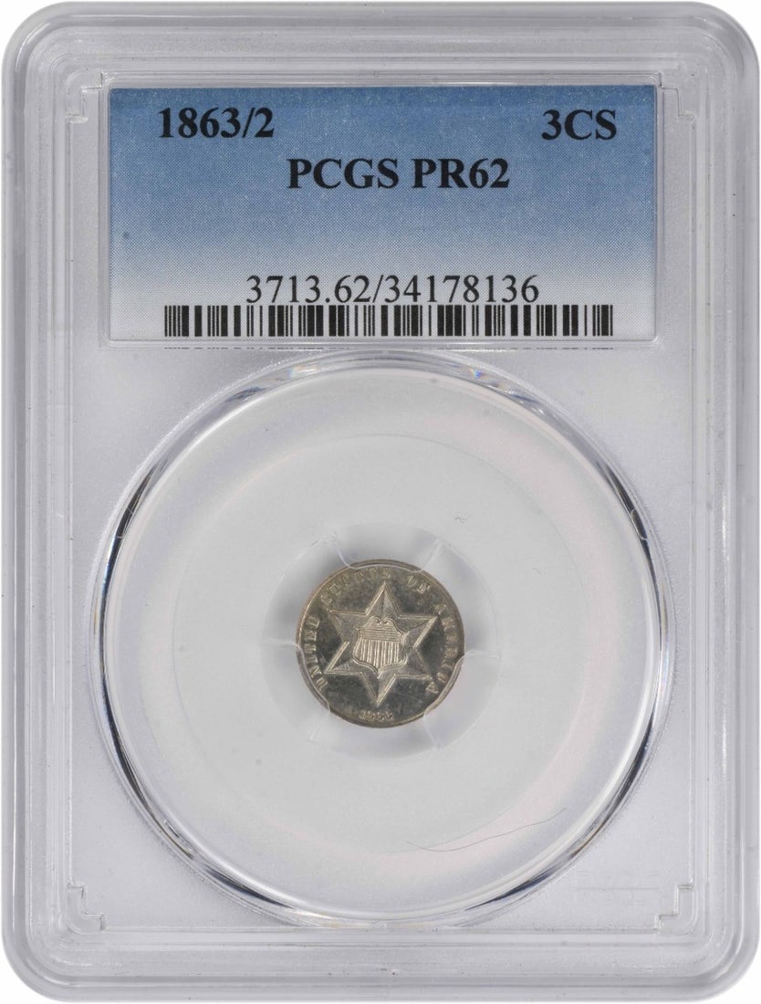 Three Cent Silver Proof Coin 1863 Over 2 PR62 Certified by PCGS (1 of 4)