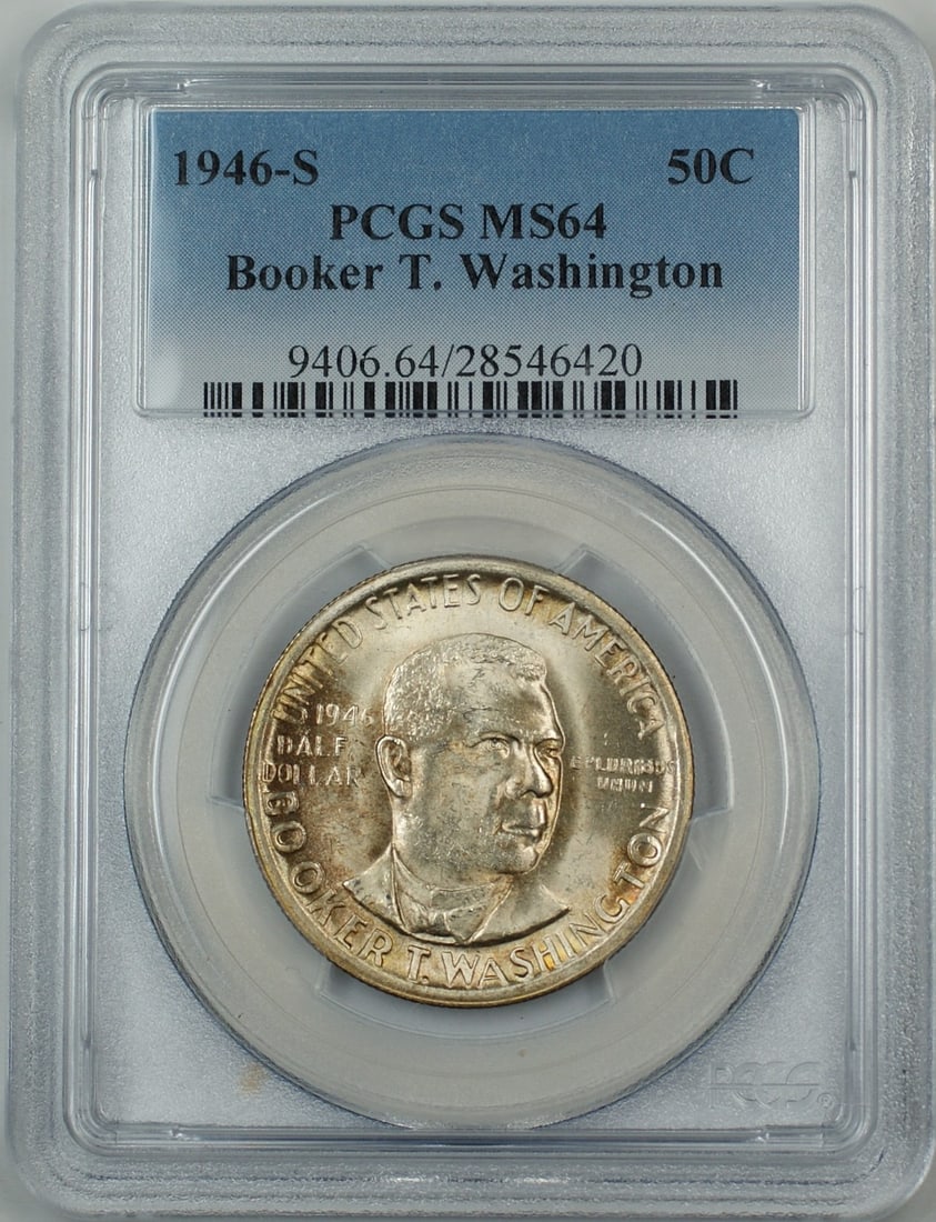 PCGS MS64 1946-S Silver Half Dollar Booker T. Washington San Francisco Mint: PCGS MS64 1946-S Silver Half Dollar Booker T. Washington San Francisco Mint This 1946-S Booker T. Washington silver half dollar coin is certified by PCGS with a grade of MS-64. The coin is uncirculate