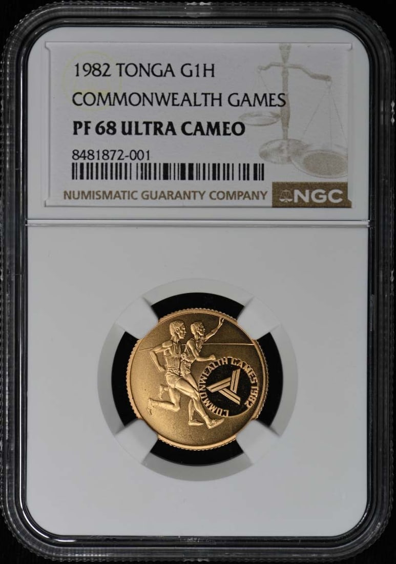 1982 Tonga G1H NGC Proof 68 Ultra Cameo Commonwealth Games Coin: 1982 Tonga G1H NGC Proof 68 Ultra Cameo Commonwealth Games Coin This is a 1982 Tonga G1H coin commemorating the Commonwealth Games. The coin is graded PF68 Ultra Cameo by NGC, indicating a high-qualit