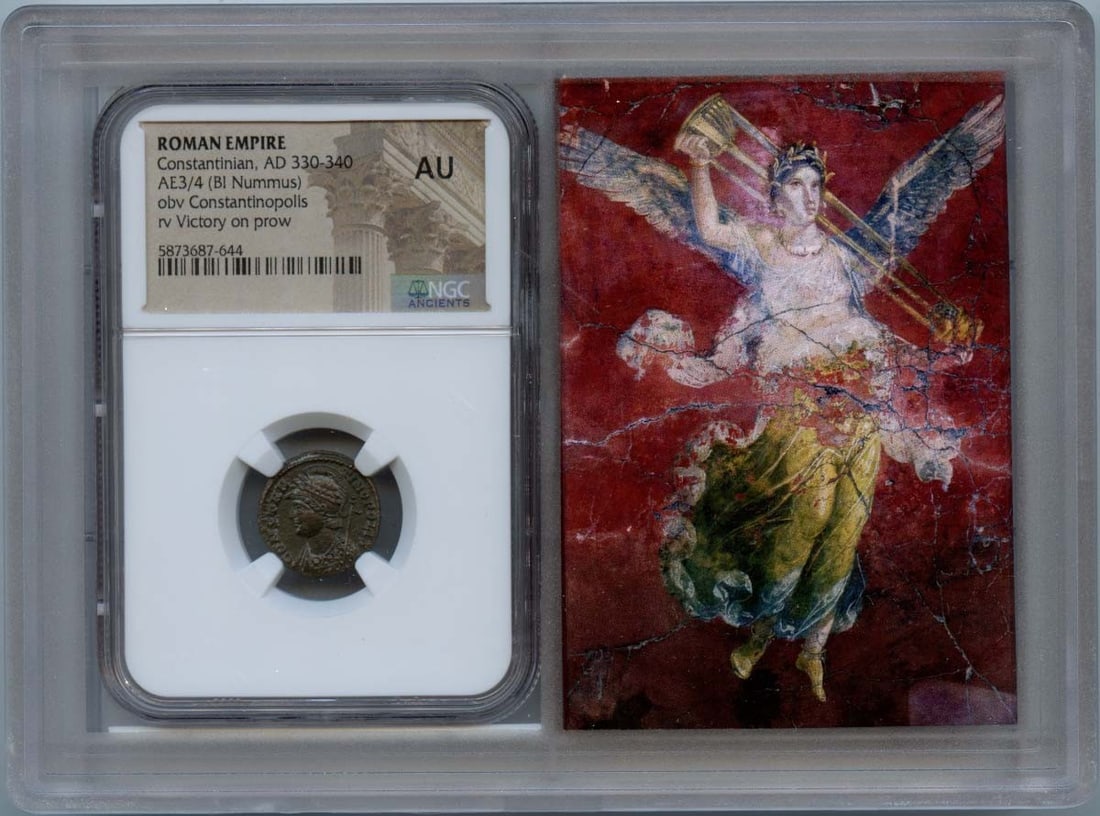 NGC AU50 Ancient Roman AE3 or AE4 Coin from Constantinian Era: NGC AU50 Ancient Roman AE3 or AE4 Coin from Constantinian Era This ancient Roman Empire AE3/4 coin dates from the reign of Constantine, AD 330-340. Certified by NGC and graded AU50, this pre-owned den