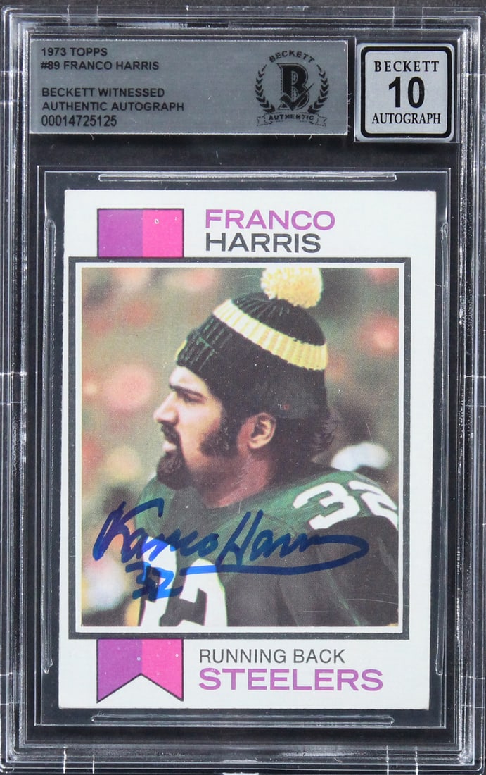 Franco Harris Signed 1973 Topps #89 Card Gem Mint 10 BAS Slabbed: Franco Harris Signed 1973 Topps #89 Card Gem Mint 10 BAS Slabbed This is an authentic autographed 1973 Topps #89 card featuring Franco Harris of the Pittsburgh Steelers. Graded Gem Mint 10 by Beckett