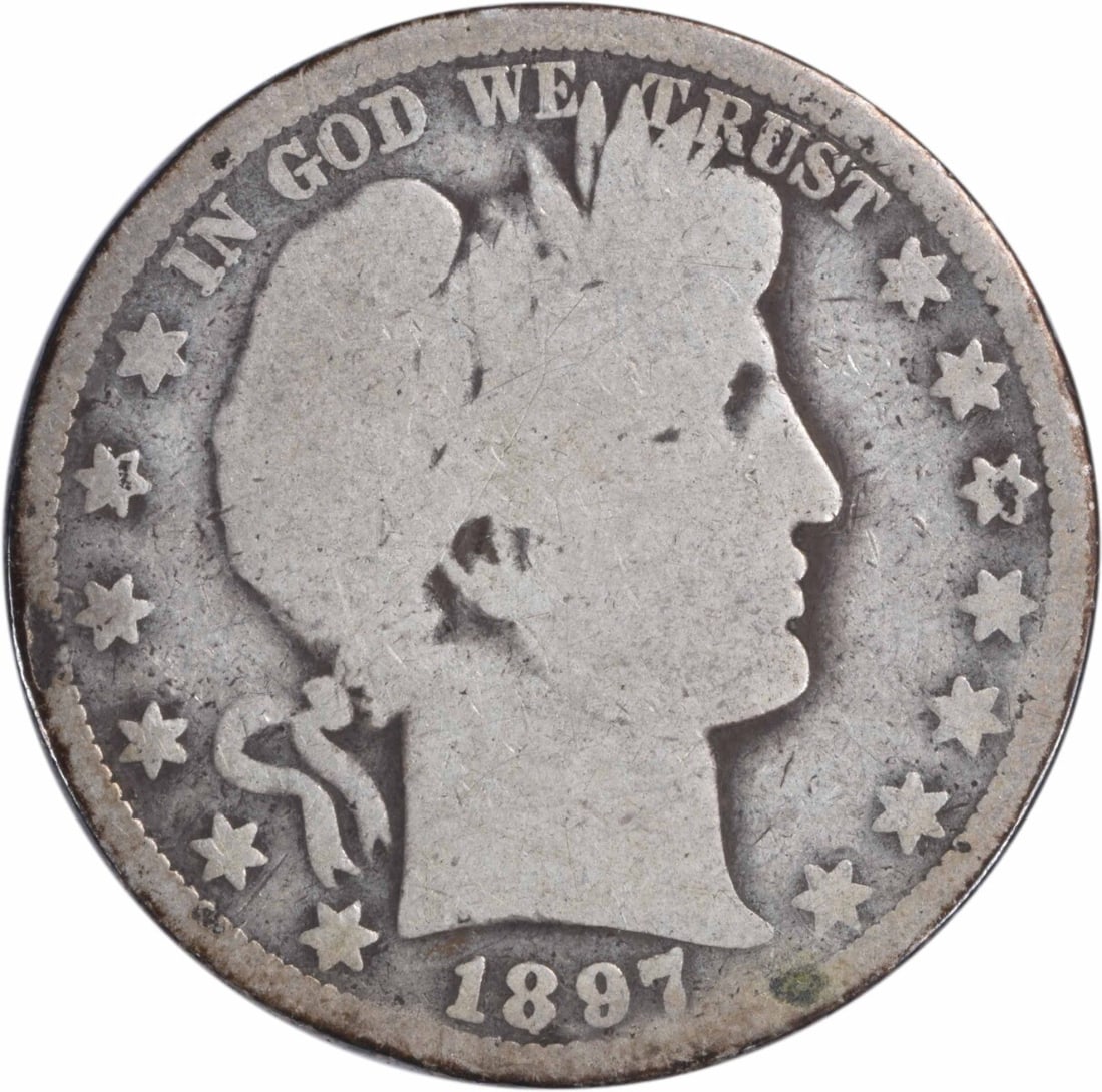 1897-O Barber Half Dollar 90% Silver Coin AG Uncertified: 1897-O Barber Half Dollar 90% Silver Coin AG Uncertified This 1897-O Barber Silver Half Dollar is a classic piece of numismatic history, featuring the renowned design by Charles E. Barber. The coin is