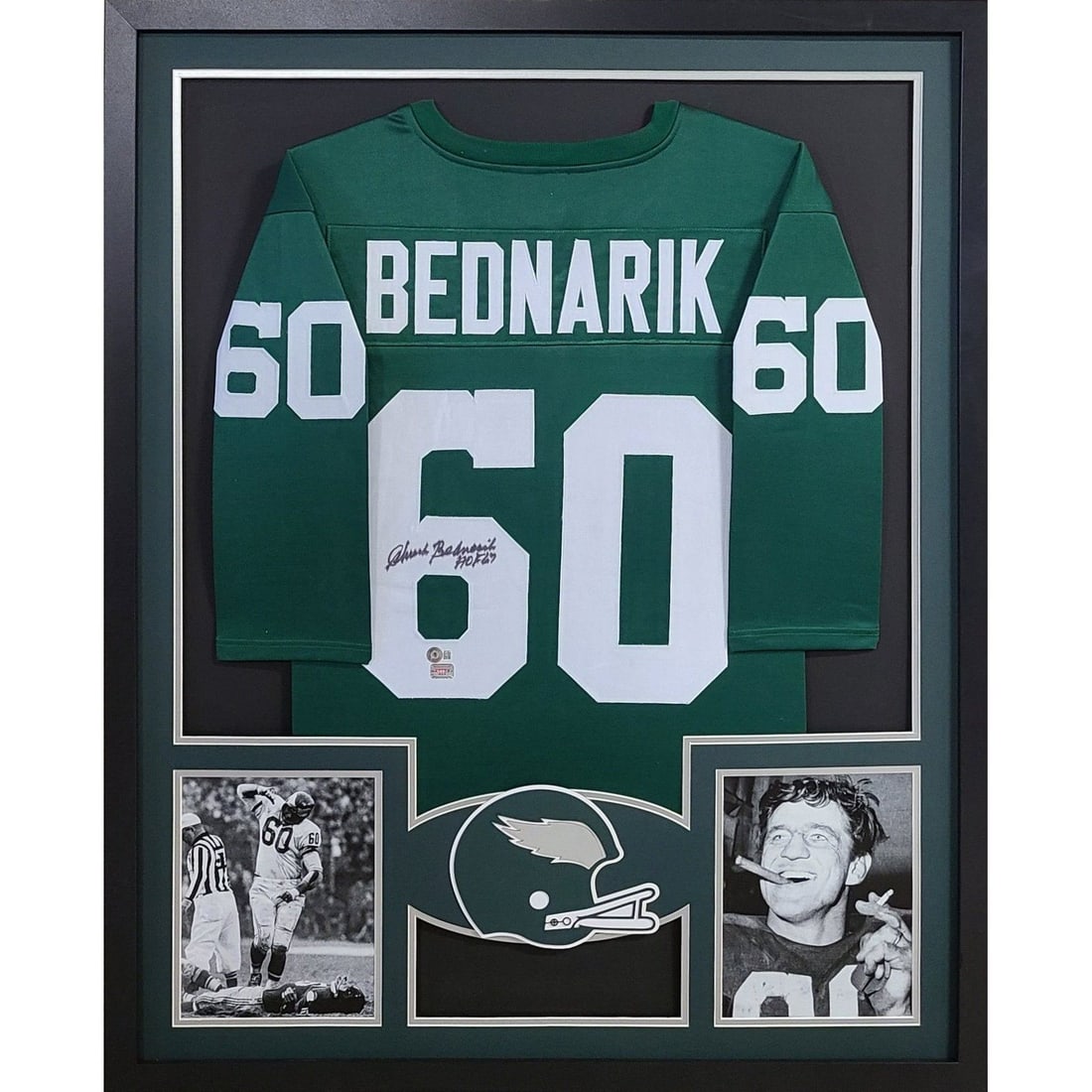 Chuck Bednarik Signed Framed Eagles Jersey Beckett Authenticated 42x34: Chuck Bednarik Signed Framed Eagles Jersey Beckett Authenticated 42x34 This autographed Chuck Bednarik jersey is framed and authenticated by Beckett, a leader in sports memorabilia verification. The j