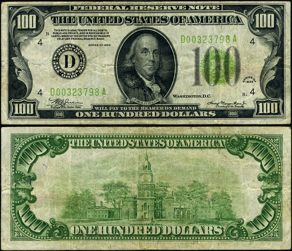 1934 $100 Federal Reserve Note Cleveland Last Serial D00323798A: 1934 $100 Federal Reserve Note Cleveland Last Serial D00323798A This is a 1934 Federal Reserve Note from Cleveland, recognized as one of the last serial numbers in the catalog with the serial #D003237
